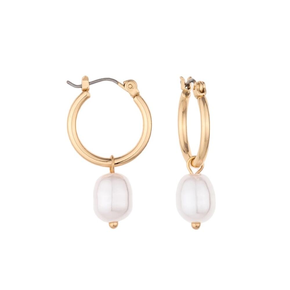 Charged Brand Pearl Huggie Hoops Goldtone NWT Pierced Earrings - Picture 3 of 5
